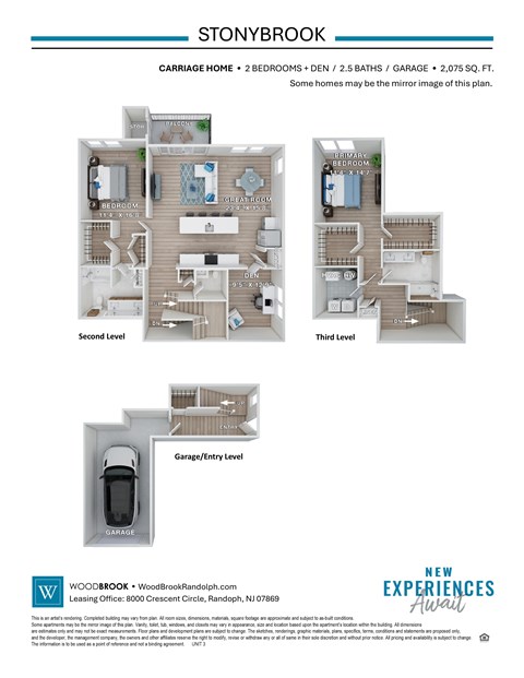 Floor plan for 2 beds, 2.5 baths, 2075 sqft